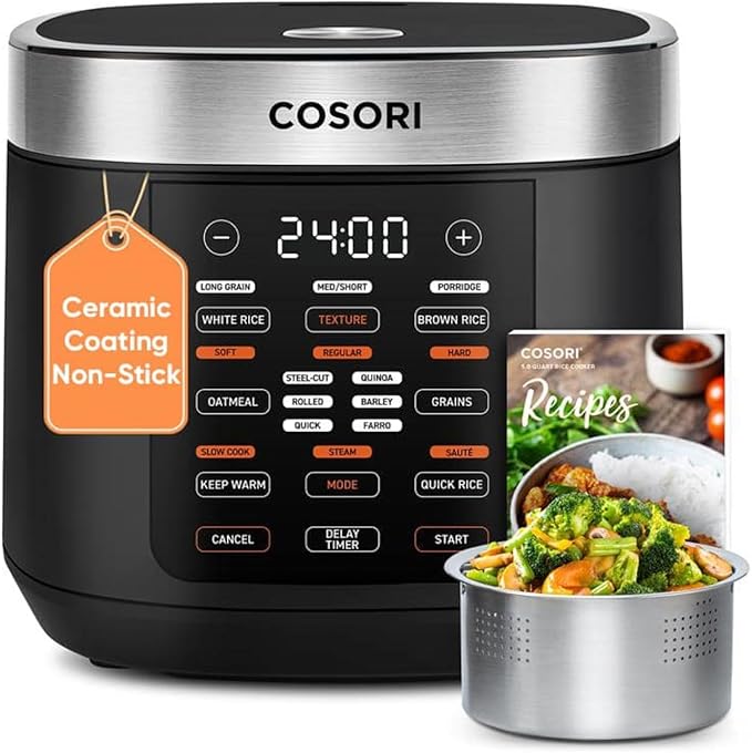 Cosori Rice Cooker 10 Cup, Ceramic Coating Inner Pot, Fuzzy Logic, 18-in-1 | 24H Keep Warm & Delay Timer, Stainless Steel Steamer Basket, Non-stick Ceramic Coating, Sauté, Slow Cook, Black