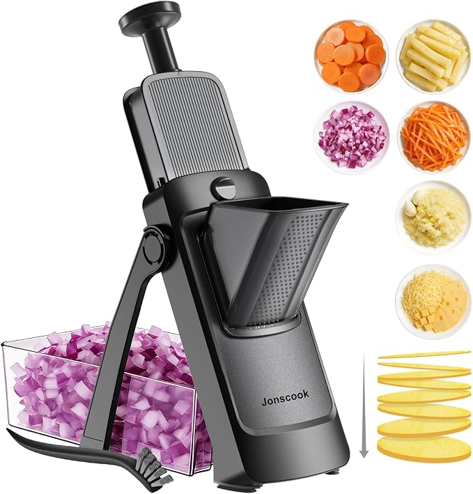 Jonscook All-in-1 Safe Mandoline Slicer for Kitchen, Vegetable Slicer with Container, Adjustable Veggie Mandoline, French Fry Cutter, Potato/Tomato/Onion Slicer, Grater/Cleaning Brush (Black Knight)