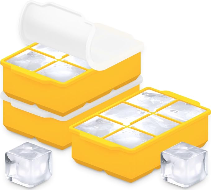 KitchFort® Large Silicone Ice Cube Tray (3-Pack) - 2" Big Ice Mold with Lid | Easy Release, Cocktail, Whiskey Ice Cubes Mold - Food Grade - Ice Cube Trays for Freezer - Stackable Silicone Ice Tray