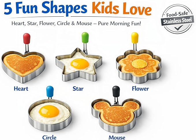 Pancake & Egg Mold Set – 5 Stainless Steel Shapes for Kids Breakfast Non‑Stick Egg Rings for Frying Eggs, Omelets & Mini Pancakes Heart, Star, Flower, Circle & Mouse Heat‑Safe, Dishwasher Safe