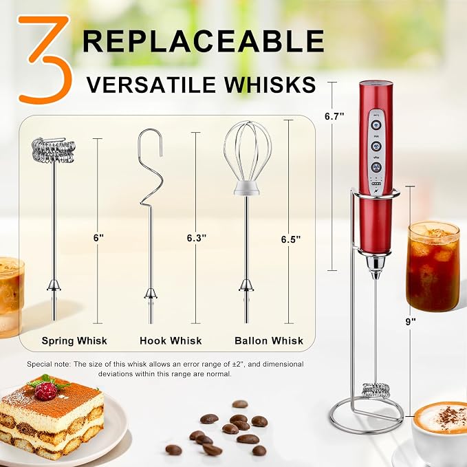 YUSWKO Handheld Milk Frother Wand for Coffee, Rechargeable Electric Whisk with 3 Heads 3 Speeds Drink Mixer Coffee Frother For Latte, Cappuccino, Hot Chocolate, Egg, Red with Holder