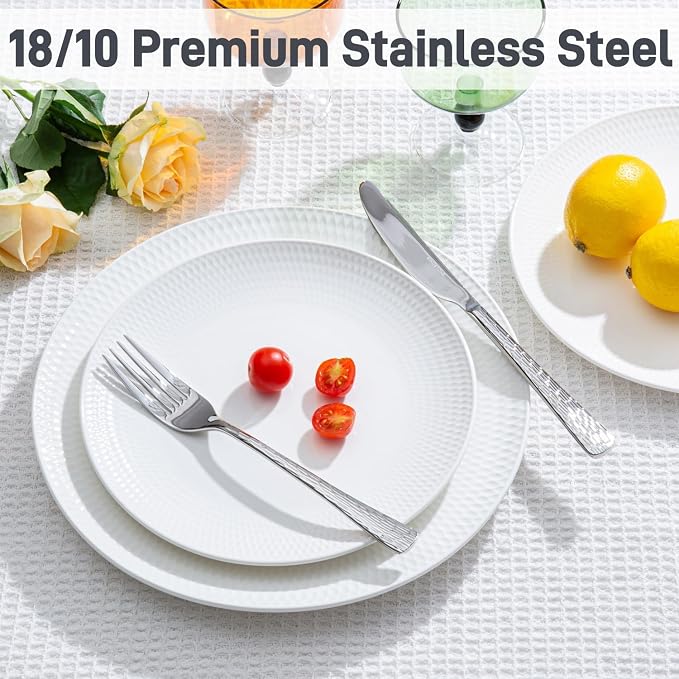 Silverware Set for 12, 60 Piece Flatware Set, 18/10 Stainless Steel | Hammered Mirror Polished Ripple Handles, Dishwasher Safe, Rust Resistant, for Home Kitchen, Wedding, Party, Housewarming Gift