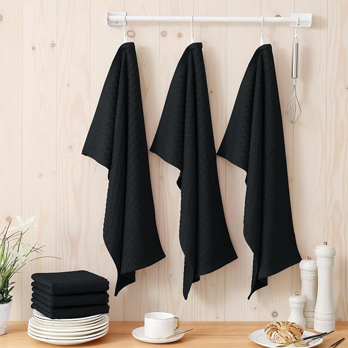 Homaxy 100% Cotton Terry Kitchen Towels(15" x 25", 12 Pack), Black | Soft and Super Absorbent Dish Towels, 380 GSM Reusable Tea Towel with Hanging Loop, Pineapple Grid Designed