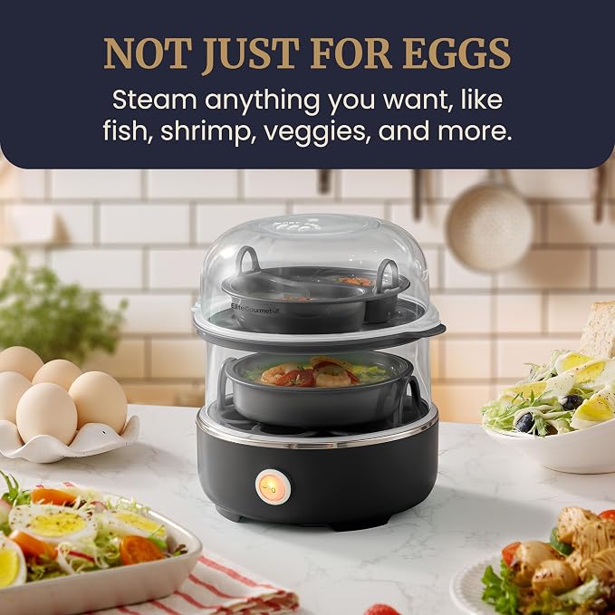 Elite Gourmet EGC1215B Easy Egg Cooker, Two-Tiered, 14-Egg, Black | Steel heating plate cooks soft, medium, hard-boiled eggs, omelets, poached eggs - auto shut-off - measuring cup, piercing pin
