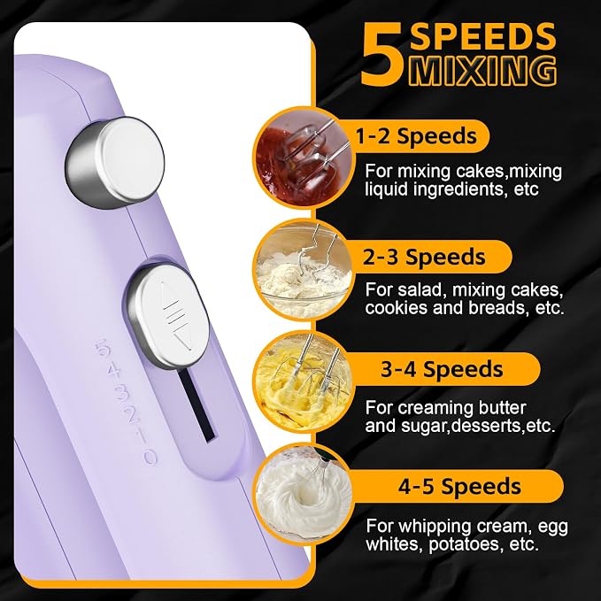 Lord Eagle 5-Speed Small Hand Mixer Electric, 300W Compact Portable, Purple | Handheld Kitchen Mixer Egg Beater with 5 Attachments & Storage Bag, Cake Supplies for Bread Dough Baking, Lightweight