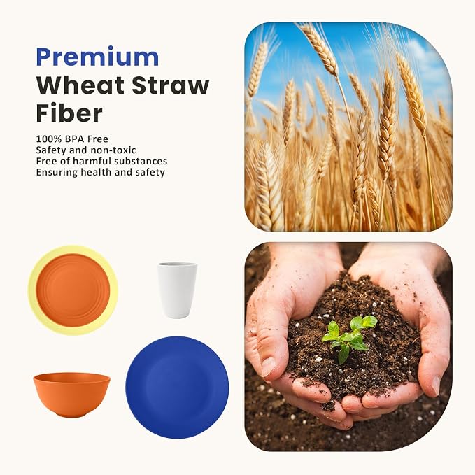 40-Piece Wheat Straw Dinnerware Sets, Unbreakable Reusable Dinnerware Set, Service for 8, Kitchen Cups Plates and Bowls Set, Dishwasher Microwave Safe Dishes Set for Camping, Party - Mondrian