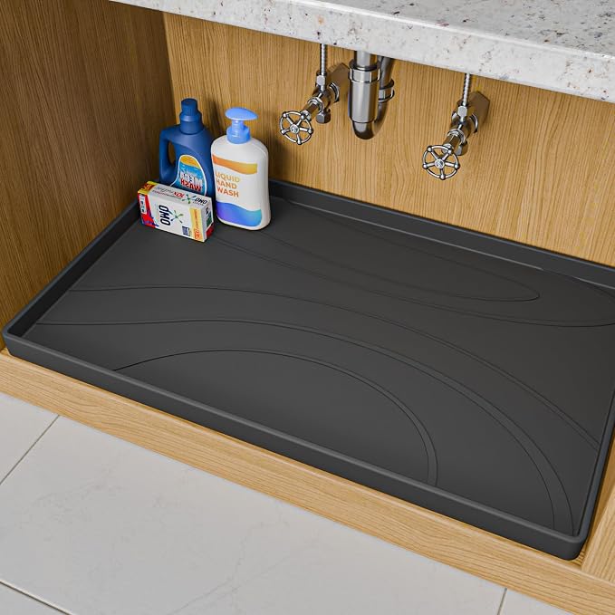 Under Sink Mat 28" x 19", Silicone Under Sink Liner for Kitchen and Bathroom, Waterproof Cabinet Protector Drip Tray, Protects Cabinets from Leaks and Spills