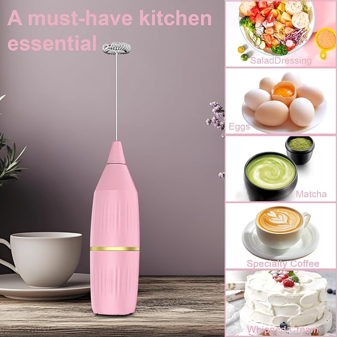 Handheld Milk Frother Wand, Pink | For Coffee, For Matcha, For Latte & Cappuccino, For Hot Chocolate & Egg