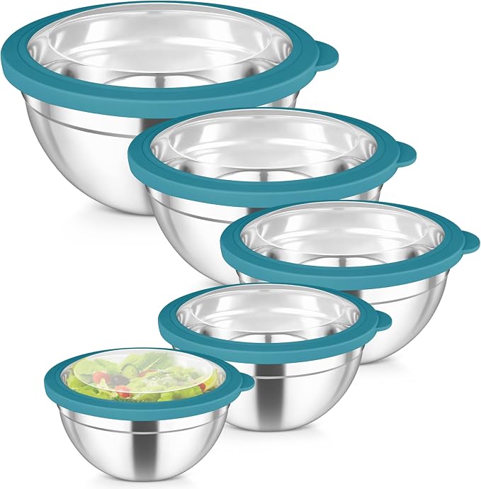 TeamFar Mixing Bowls Set, 4.5/3/1.5/1/0.7 QT Salad Bowl with Lid, Dark Blue | Stainless Steel Nesting Bowls with Visible Airtight Lids, For Serving/ Mixing/ Storing, Non-Toxic & Dishwasher Safe, Set of 5