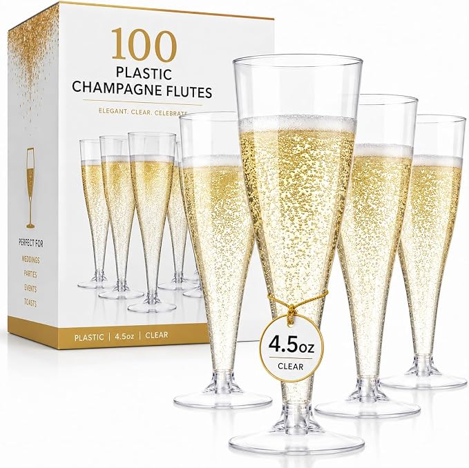 Prestee 100 Pack Clear Plastic Champagne Flutes - 4.5 oz Durable Disposable Champagne Glasses for Parties, Weddings, Toasting and Large Celebrations - Elegant Wine Glasses Stemware for Easy Cleanup