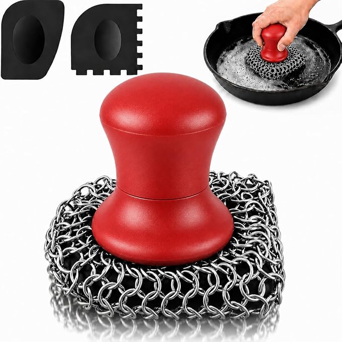 Cast Iron Scrubber and Scraper | 316 Chainmail Scrubber for Cast Iron Pan | Chain Mail Scrubber for Cast Iron Skillet Cleaner | Dishes Pots Wok Griddle Grill | Dish Scouring Pad Dishwasher Safe, Red1