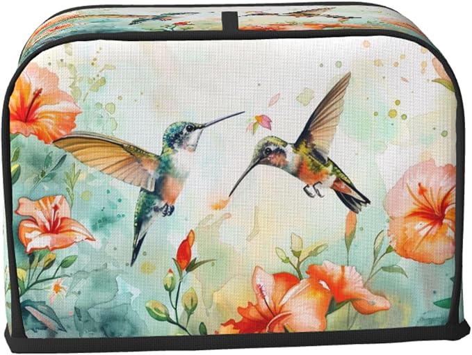 2 Slice Toaster Cover Hummingbird Flower Watercolor Dust Proof Washable Kitchen Appliance Cover with Pocket, Oxford Fabric Countertop Toaster Protector for Standard Toasters Small Appliances