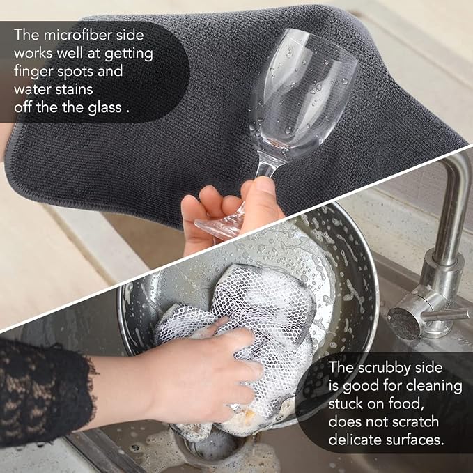 Dish Cloths for Washing Dishes with Scrub Side, Microfiber Dish Rags | Dual-sided microfiber dish cloths with scrubber for stuck-on food, quick dry kitchen washcloths 18 Pack, 12" x 12 Inch Gray