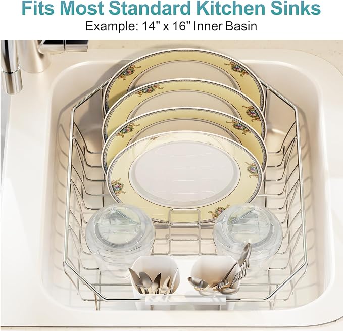 Small in Sink Dish Drying Rack - Stainless Steel for RV Kitchen | Compact Design, Rust-Resistant, Angled Corners Fit Square & Round Sinks, Removable Utensil Holder, Cup Hooks, 13.1"W x 14.4"L