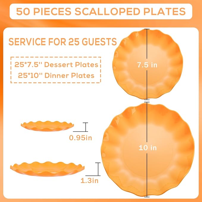 LIYH 50 Pcs Orange Scalloped Plastic Plates, Unbreakable Dishwasher Safe | BPA Free for Halloween Thanksgiving Day (25 Guests) - 10 Inch Dinner Plate and 7.5 Inch Dessert Plates