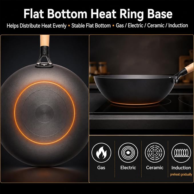 WANGYUANJI 12.6 Inch Carbon Steel Wok Pan with Glass Lid and Spatula, Nitrided Flat Bottom Wok Set, Uncoated Stir Fry Pan for 2-4 Servings, Gas, Electric, Ceramic and Induction Cooktops