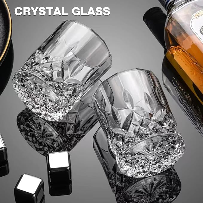 Qipecedm® Old Fashioned Whiskey Glasses, Set of 4 (2 Crystal Bourbon Glasses, 2 Round Big Ice Ball Molds) In Gift Box - 11 Oz Rocks Glass, Barware for Scotch Cocktail Rum Vodka Liquor, Gifts for Men