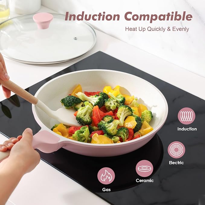 SENSARTE 10In Nonstick Ceramic Frying Pan with Lid, PFAS/PTFE Free, Pink | Ceramic Omelette Pan Skillet, Healthy Non-toxic Chef's Pan, Induction Compatible Pan, Heat Resistant Handle
