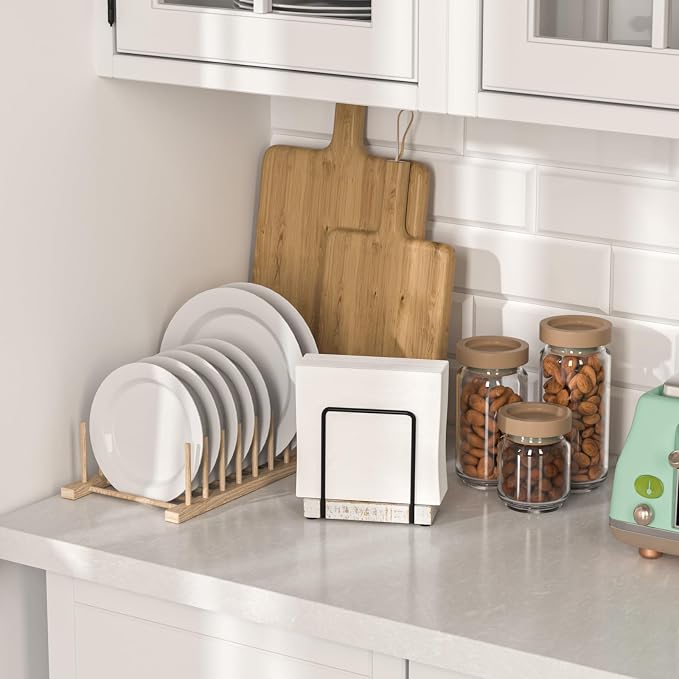 Wican Napkin Holder for Table, Wood Iron Standing Napkin Dispenser | Dining Table Farmhouse Cocktail Picnic Rustic Wood Holders, Suitable All Kitchen Dining Room Decor, Black & Farmhouse White