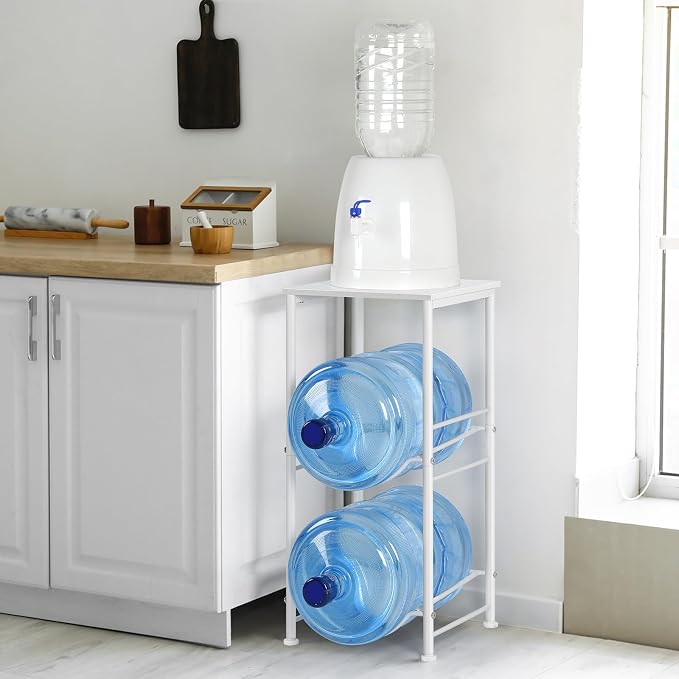 Water Jug Holder Stand 2 Tier 5 Gallon Water Bottle Rack with Top Shelves 5 Gallon Water Bottle Holder Organizer Water Dispenser Stand for Kitchen, Home Office, Living Room, White