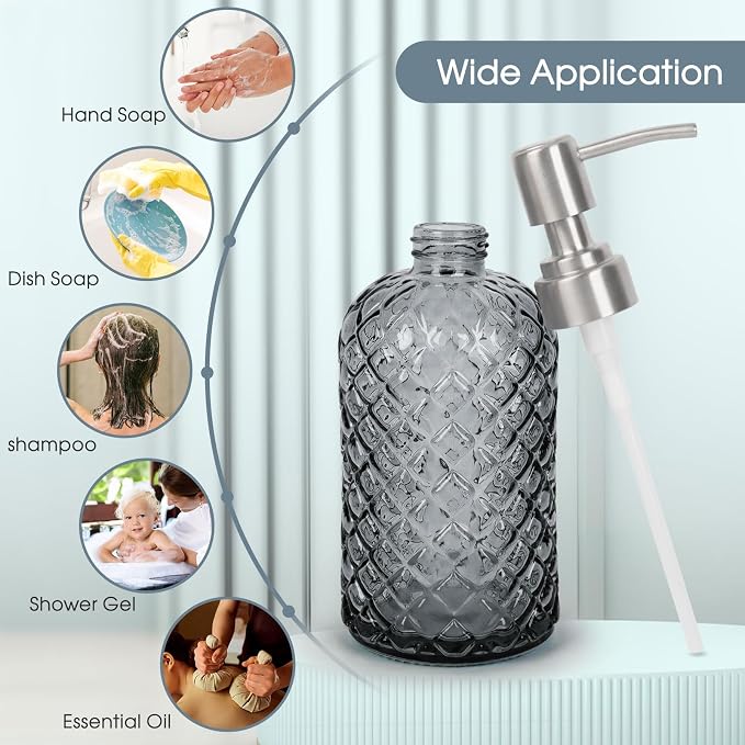 Gem-Patterned Glass Soap Dispenser with Rust Proof Stainless Steel Pump-13 oz Liquid Hand Soap Dispenser for Kitchen & Bathroom,Great for Lotions, Essential Oil, Liquid Soaps-Gray