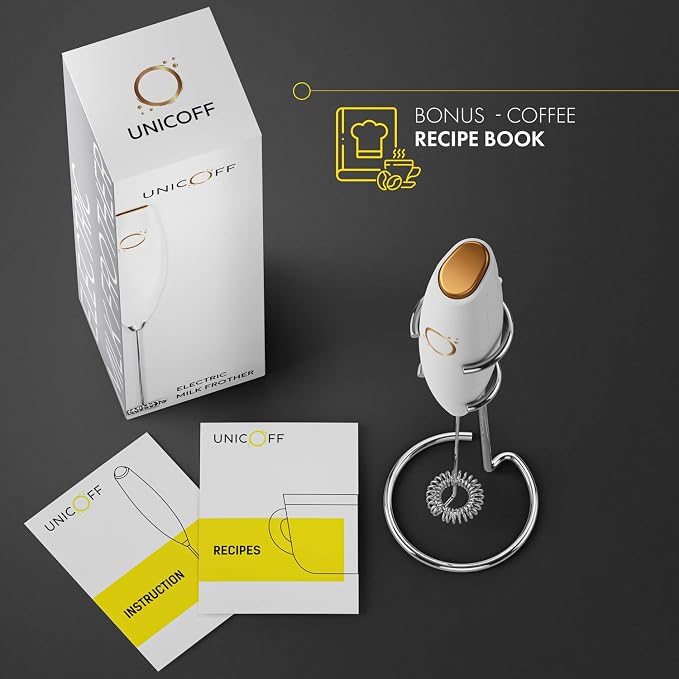 Milk Frother White - Coffee Frother Handheld with Electric Whisk - 19000 rpm - Book Recipes and Stainless Steel Stand Included - Hand Mixer Electric (White and Gold) | Battery 19000 RPM whisk, stainless steel stand & recipe book, lattes, cappuccino, ma...