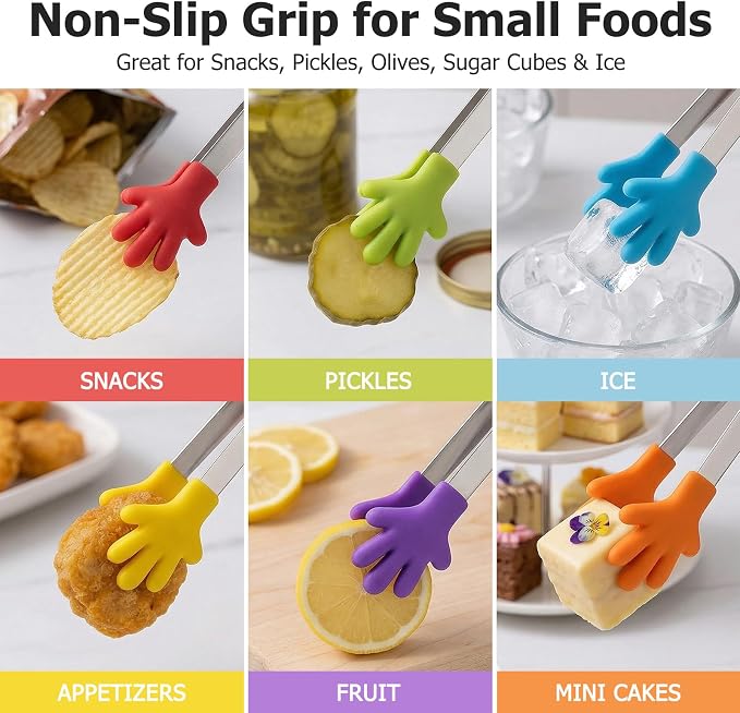 Shindel 12PCS Mini Tongs, 5.1 Inch Silicone Small Tongs for Kids, Funny Kitchen Serving Gadgets for Candy, Appetizers, Ice Cube, Fruits, Dessert, Great for Fine Motor, Sensory Coordination