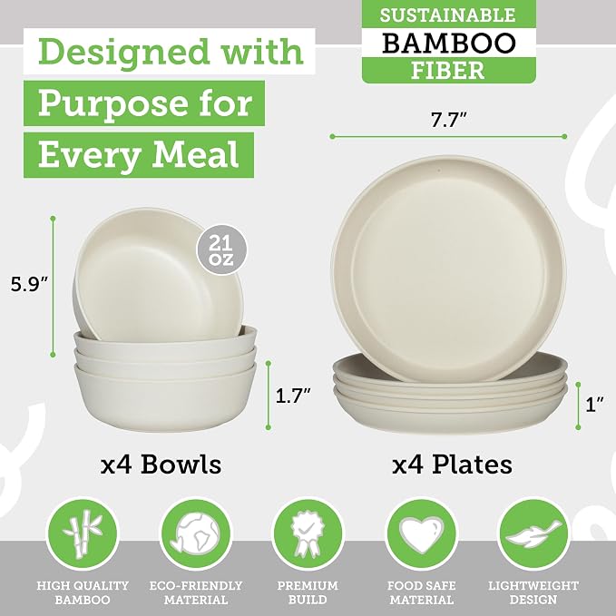 Grow Forward Bamboo Kids Plates and Bowls Sets - 8-Piece Dishwasher Safe Non Toxic Plates for Kids - Reusable Eco Friendly BPA Free Dishes Dinnerware Sets for Children - Arctic