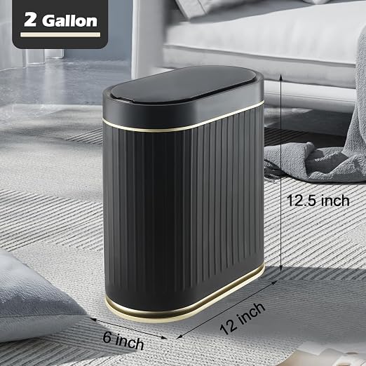 SYNCVIBE Bathroom Sensor Trash Can with Lid, 2 Gallon, Black Gold | Automatic Garbage Can, 7.5 Liter Smart Trash Bin, Slim IPX5 Waterproof Plastic Wastebasket for Bedroom and Office