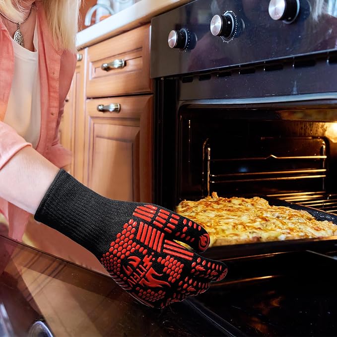 BBQ Gloves, 1472°F Heat Resistant with Silicone Grip Oven Mitts | Non-Slip Grip, for BBQ, Grilling, Oven, Smoker, Cooking and Baking