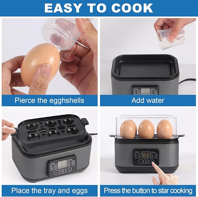 Tesslux Electric Egg Cooker, 6-Egg Boiler for Hard, Soft, Poached, Black | LED Countdown Timer, Touch Control, Poaching Bowl, Omelet Maker, Stainless Steel, Auto Shut-Off, Buzzer Alert, Compact