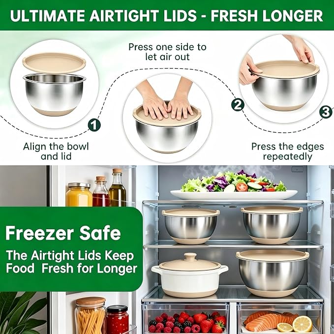 Deedro Mixing Bowls with Airtight Lids, 22Pcs Stainless Steel Mixing Bowls Set, Nesting Bowls with Non-Slip Silicone Base, thicker Metal Bowls for Baking & Prepping, 1.5/2/3/4/5 QT, Khaki