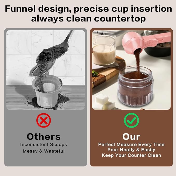2-in-1 Coffee Scoop with Funnel, 2 Tbsp Measuring Spoon for Reusable K Cups, Ground Coffee, Protein Powder & Tea, Mess-Free Plastic Design（Pink-2pack）