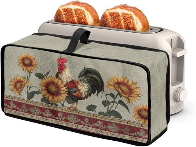 ZDCUSTOM Sunflower Rooster Printed 2 Slice Slim Toaster Cover with Top Handle Foldable Machine Washable Long Slot Slim Dust Covers for Most Toasters Small Appliance Cover for Kitchen Decor