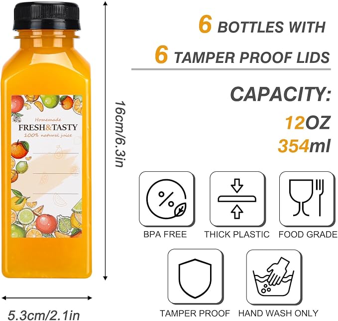 6pcs 12oz Plastic Juice Bottles with Caps, Sticker Labels, Brush | Empty Reusable Clear Bottles with Label, Funnel and Brush Beverage Containers Bulk with Lids for Juicing, Smoothies, Fridge