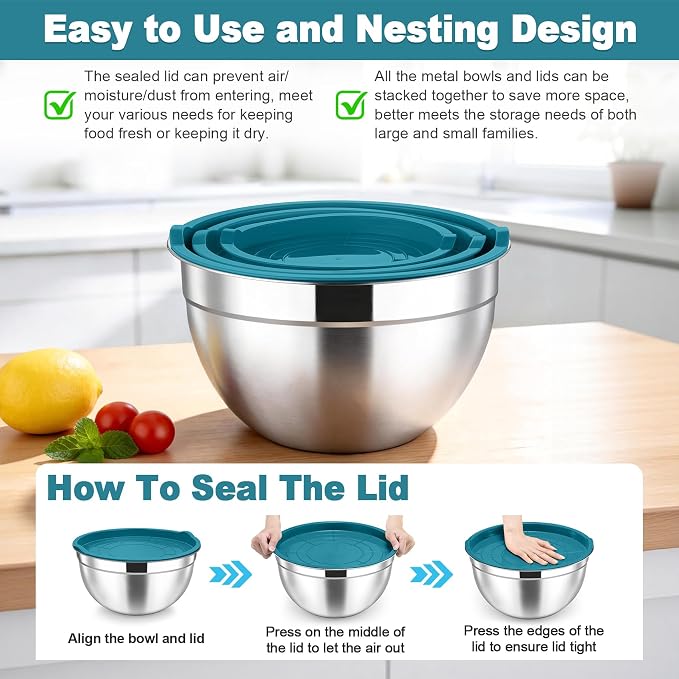 TeamFar Mixing Bowls, Stainless Steel Nesting Salad Bowls & Airtight Lids | For Serving/Mixing/Storing, Healthy & Heavy-duty, Dishwasher Safe & Easy Clean, 4.6/3 / 1.5 QT, Navy Blue