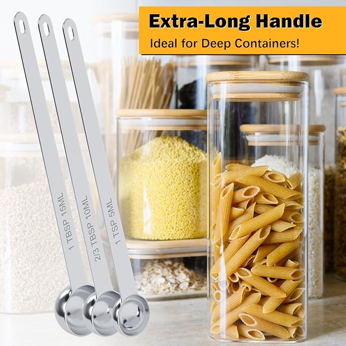 2PCS 2/3TBSP(10ml) Extra Long Handle Measuring Spoon, 18/8 Stainless Steel | Food-Grade SS 304, Accurate, BPA-Free, Dishwasher Safe, Engraved Marking, Kitchen Essential