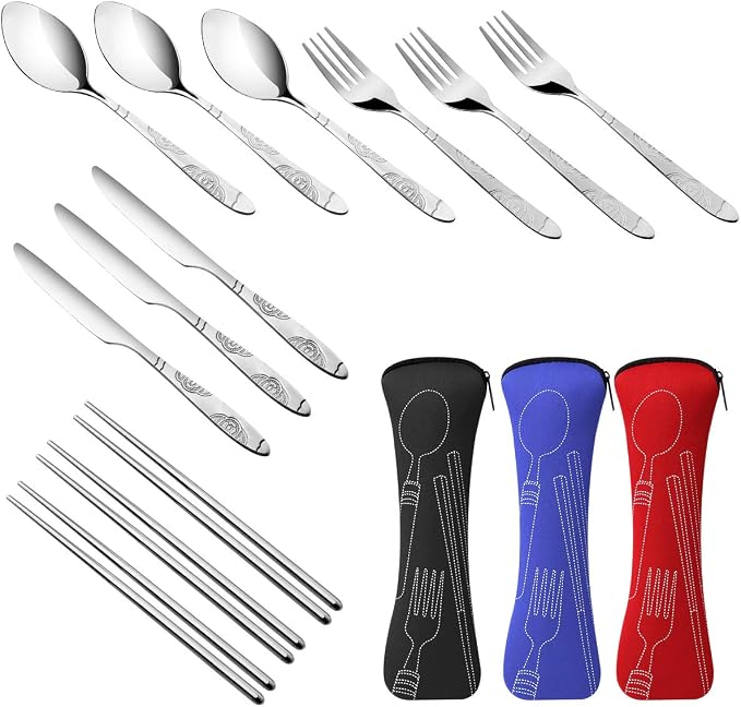 Arroyner 3 Pack Reusable Flatware Sets Knife, Fork, Spoon, Chopsticks, 12Pcs Portable Travel Stainless Steel Tableware Dinnerware with Carrying Case