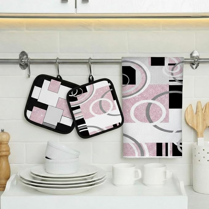 Jingmore 6 Pcs Kitchen Decor Set Accessory Farmhouse Kitchen Towels Pot Holders Oven Mitts Set 2 Dish Towels 2 Pot Holders 2 Cooking Mittens Oven Glove for Cooking (Pink, White, Black,Geometric)