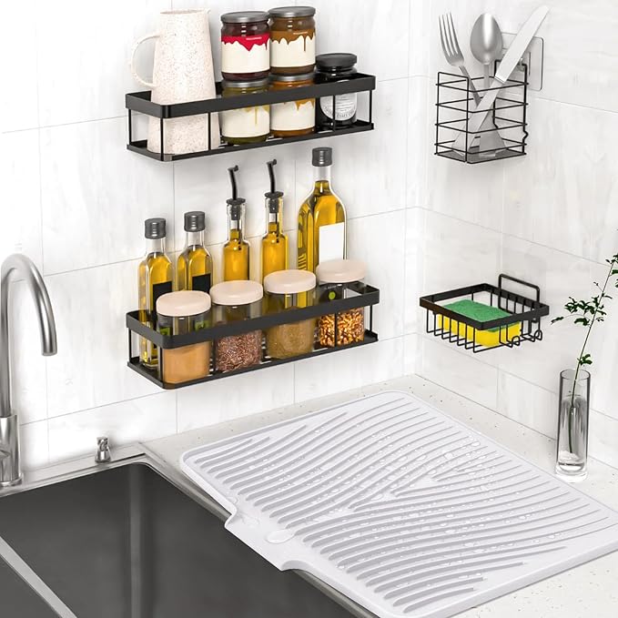 TIKNIK Silicone Dish Drying Mat for Kitchen Counter, White-2pcs, 20" x 15" | Heat Resistant & Non-Slip Dish Drain Pad with Built-In Drain, Dishwasher Safe, Quick-Dry, Hangable & Roll-Up for Storage