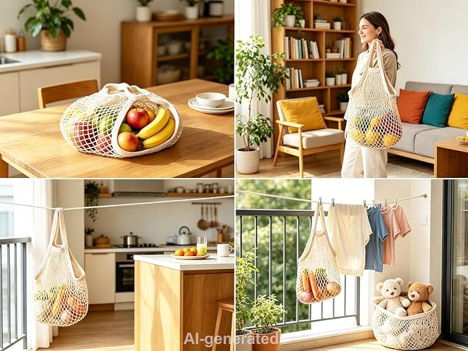 Ahyuan Reusable Cotton Mesh Grocery Bags Cotton String Bag Net Shopping Mesh Bags Pack of 3 (Beige)