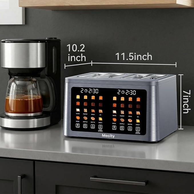 Mecity 4 Slice Toaster Wide Slot, Auto Lift Keep Warm Smart Toaster with Touch Screen, Dual Control Panel, Defrost, Auto Shut Off Digital Toasters for Bagel Muffin Waffle Gluten Free Breads1700W 120V