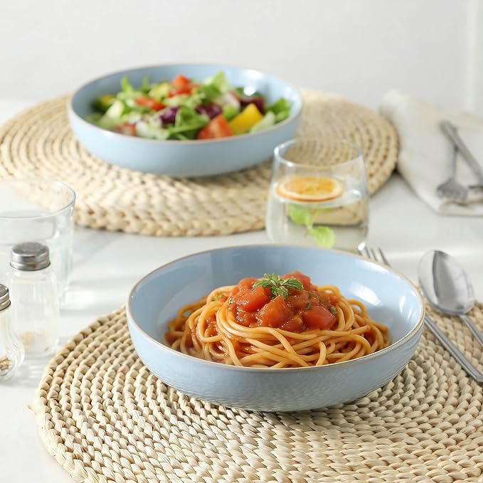 Ceramic Patsa Bowls, 34 oz Salad bowl Set of 4, Stoneware Serving Bowl for Eating, Salad, Rice, Cereal, Kitchen, Serving, Plate Bowls Set, Microwave & Dishwasher Safe, Skyblue