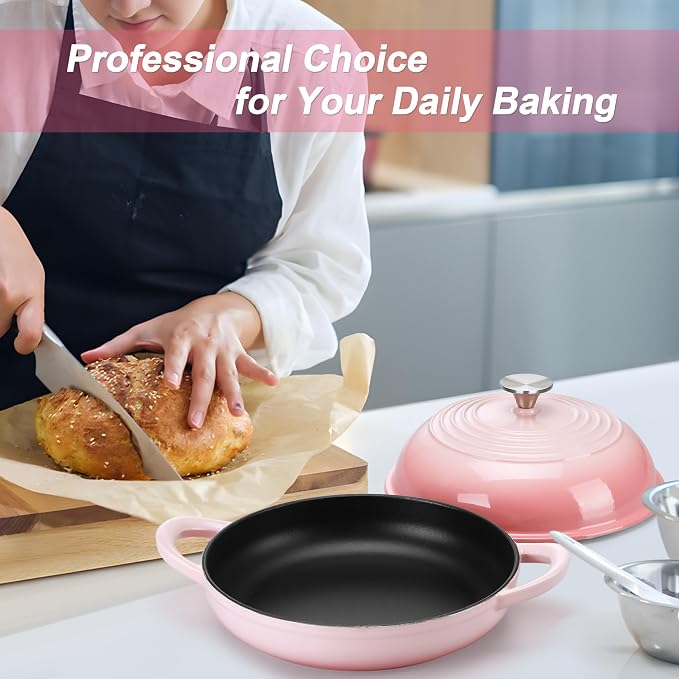 TeamFar Cast Iron Bread Dutch Oven, 6 Qt Enameled Dutch Oven Pot | for Sourdough Bread Baking, with Tall Dome Lid & Round Base Pan, Self-Basting & Even-Heating, Heavy-Duty & Non-stick, Pink