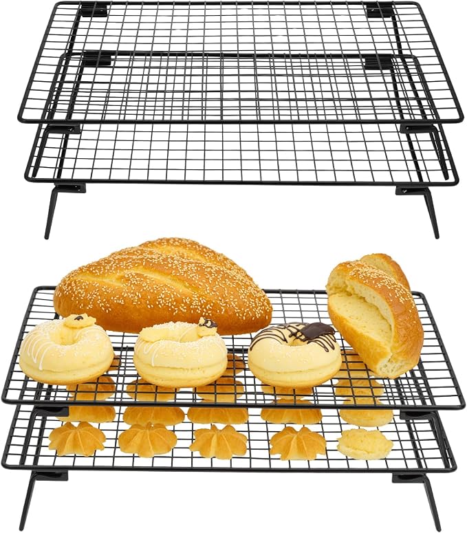 QWORK Stackable Cooling Racks for Baking and Cooking, 2 Pack 13.4x9.4 Inch Nonstick Carbon Steel Wire Rack, Foldable Cooling Rack