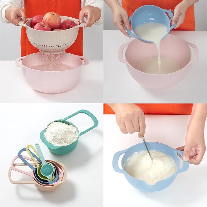 Mixing Bowls, Nesting Baking Bowls with Colander & Fine Mesh (Wheat-10PCS) | BPA-Free, Lightweight, Impact-Resistant, Rinse, Drain, Measure, Repeat, Colorful — Without the Risk.