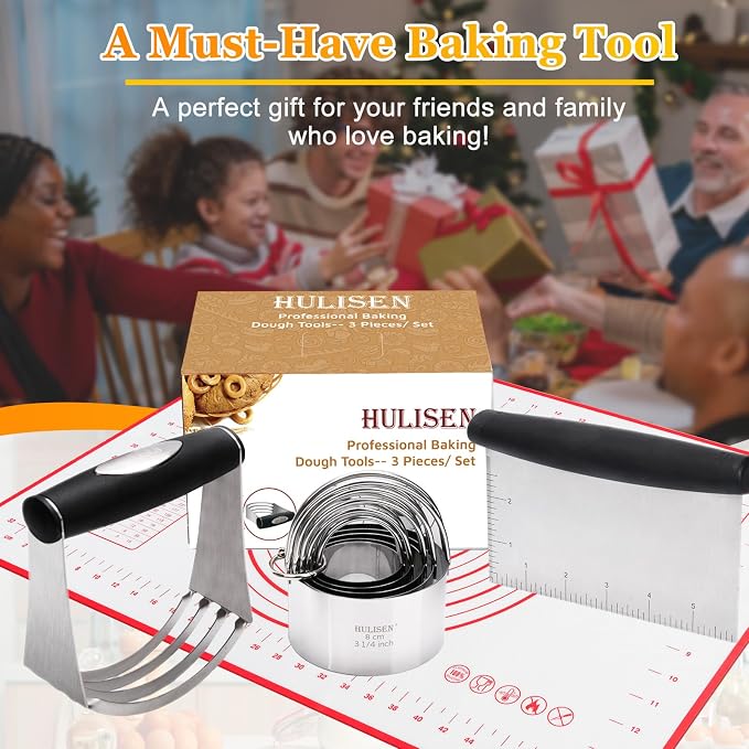 HULISEN 5-Pc Biscuit Cutters, Pastry Scraper, Dough Blender, Silicone Mat | Stainless Steel, Dishwasher Safe, Etched inch/cm Markings, Gift Package, Ergonomic Rubber Grip, Professional Baking Tools