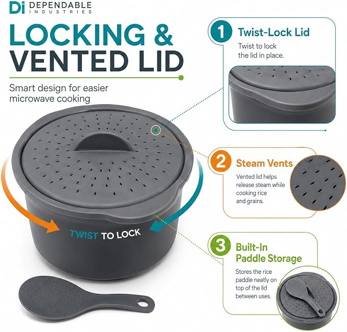 Microwave Rice Cooker and Grain Steamer 2.3L with Paddle and Measuring Cup | 2.3L microwave cooker for rice, grains and vegetables with locking vented lid, paddle and measuring cup