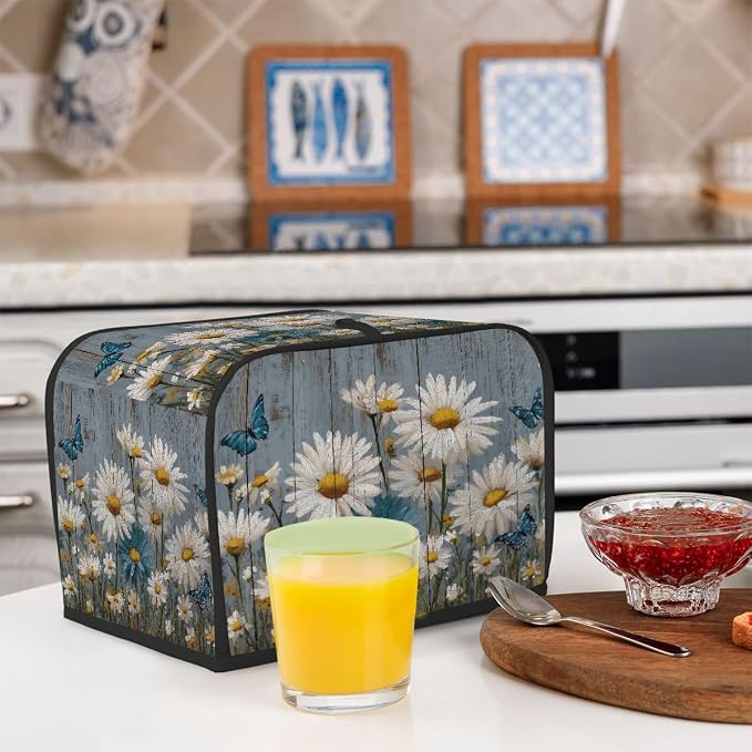 4 Slice Toaster Cover Vintage Wood Daisy Toaster Covers Four Slice Wide Slot Waterproof and Dustproof Covers for Wide Slot Toasters and Small Appliances Kitchen Decor Gifts