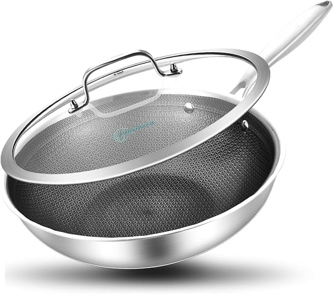 LOLYKITCH Hybird Nonstick Wok Pan with Lid | 10-Inch | Rivented Handle | Non Toxic | Tri-Ply Stainless Steel | Ceramic Coating | Stir Fry Pan | Induction Compatible | Dishwasher & Oven Safe